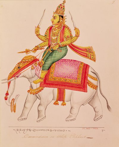 Indra, god van de stormen, rijdend op een olifant, 1820-25 door Indian School